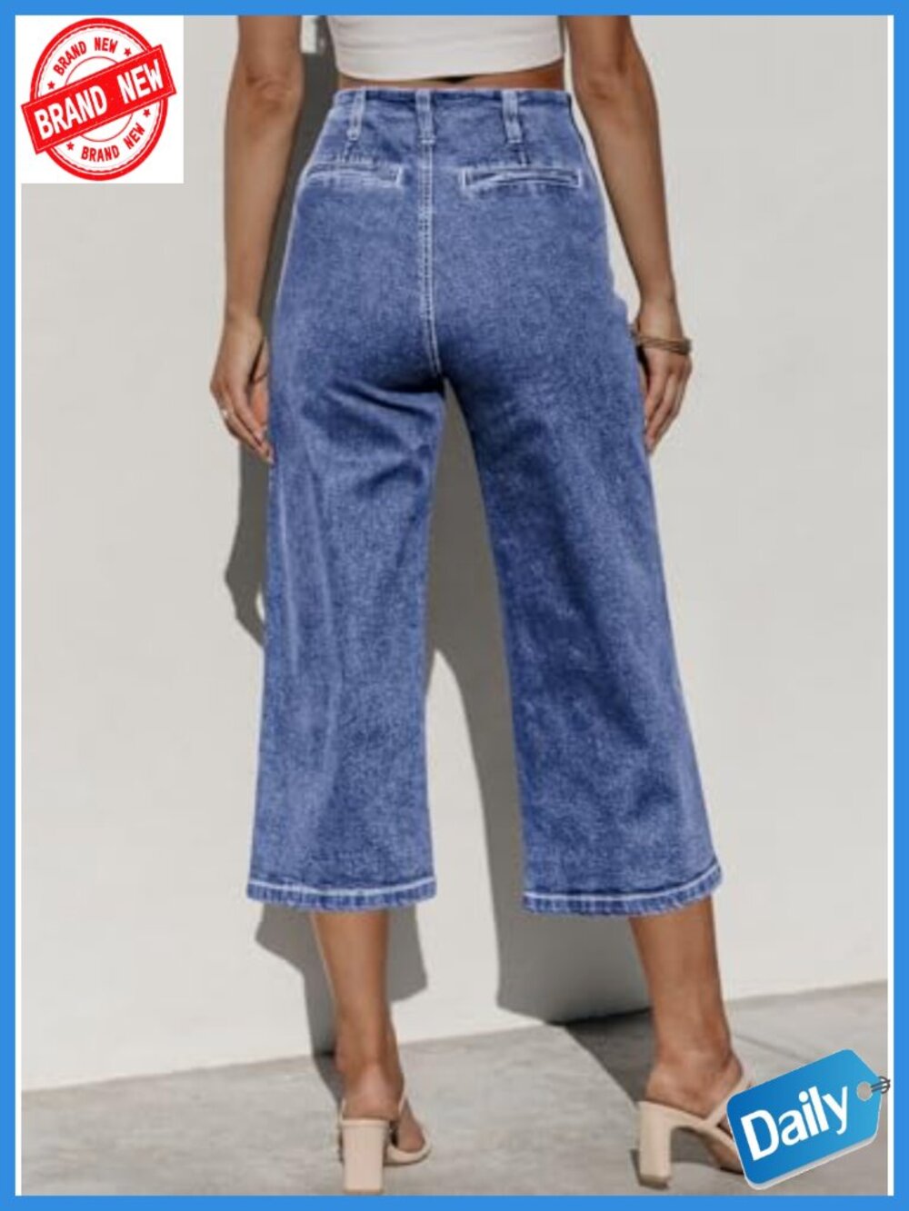 Wide Leg Capri Jeans High Waisted Stretchy Loose Cropped Summer Casual Work - Picture 2 of 5